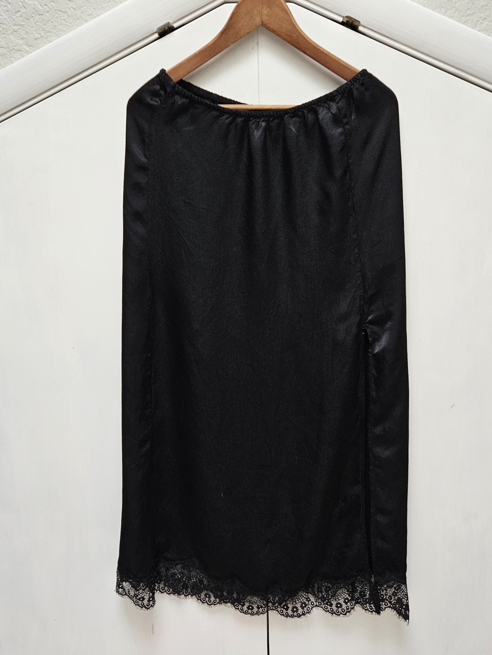 aerie Black Satin Midi Slip Skirt with Lace Hem